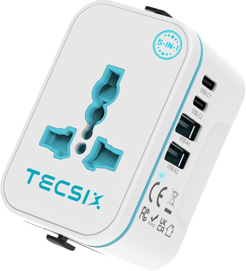 TECSIX Universal Travel Adapter Worldwide, European Travel Plug Adapter with 2 USB C, 2 USB A and Multi AC Outlets, International Power Adaptor for EU US UK AUS 200+ Countries Type A C G I - Image 1